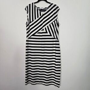 Landa Sheath Dress Women  XL Black White Striped Stretch Mod Monochrome Workwear